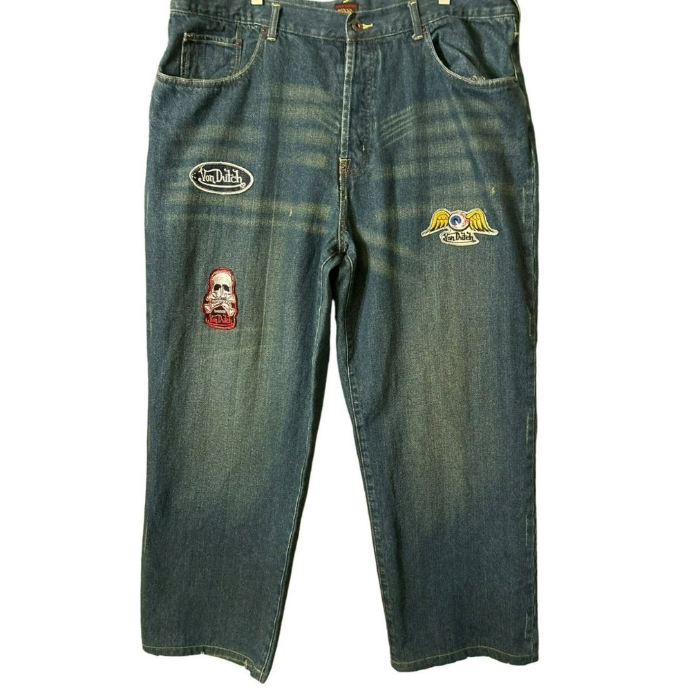Von Dutch Men's Embellished Denim Jeans Size 40 x 31 Button Applique Relaxed